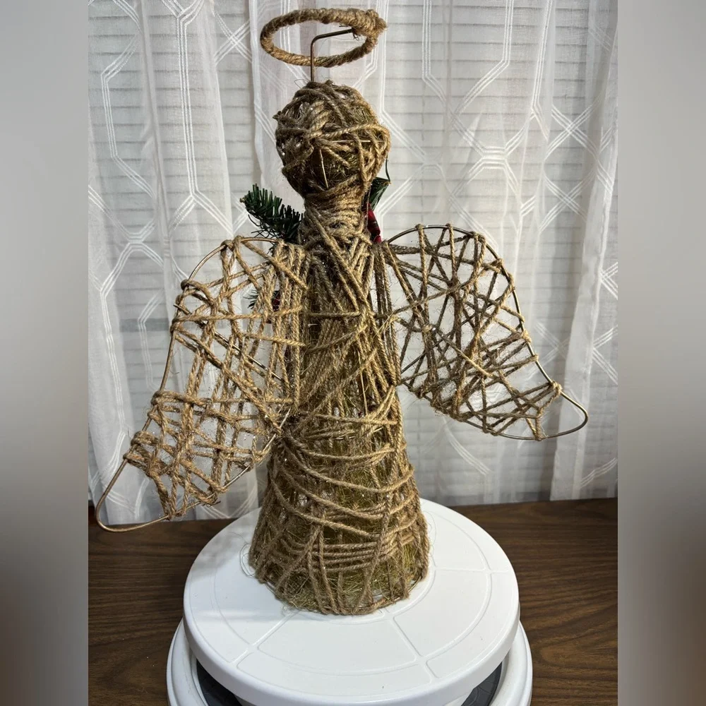 Rustic Holiday Angel Figurine with Green and Red Accents 16” H